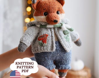 Fox breipatroon pdf, bos knuffeldier speelgoed met kleding, in het rond gebreid op DPN's, gedetailleerde fototutorial