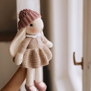 Puede incluir: Una mu&ntilde;eca de conejo de crochet con un sombrero rosa y un vestido marr&oacute;n. La mu&ntilde;eca tiene pelo blanco y mejillas rosadas.