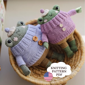 Könnte beinhalten: Zwei gestrickte Froschpuppen mit schwarzen Augen und rosa Wangen, die violette Pullover mit zwei Knöpfen, eine beige Hose, grüne Stiefel und kleine Mützen tragen. Eine wolkenförmige Grafik mit dem Text KNITTING PATTERN PDF ist zu sehen.