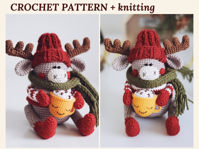 May include: A crocheted reindeer toy holding a yellow mug with a smiling face. The reindeer is wearing a red hat, a green scarf, and a red and white sweater. The toy is sitting on a white surface.
