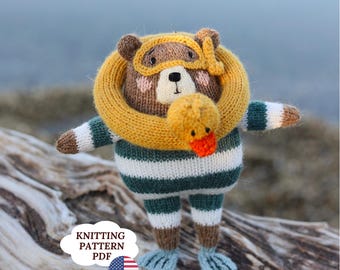 Knitted Bear Steve PDF, Teddy Toy Knitting Pattern, Swimsuit, Snorkel Mask & Duck Floatie