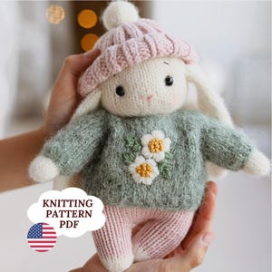 Bunny Knitting Pattern with Long Ears, Amigurumi Rabbit PDF, Toy Clothes Pattern, Knit in Round