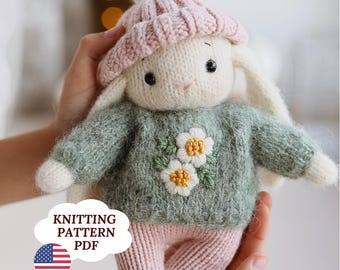 Breipatroon konijn met lange oren, amigurumi-konijn pdf, patroon speelgoedkleding, rond gebreid