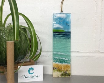 Large Fused glass, textured beach / seaside hanger, Cornish coast, free UK postage.