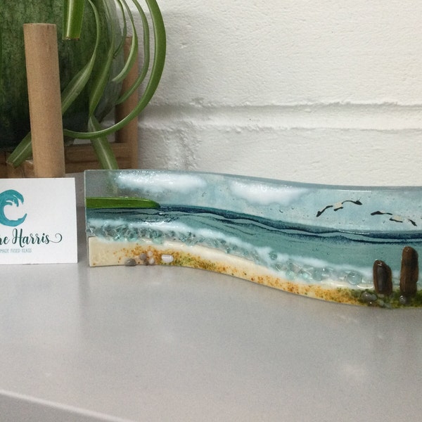 Fused glass Cornish sea scene with wooden groyns. Freestanding wave, 6 cm. hand made in Cornwall. Free UK postag