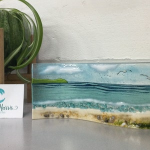 Fused glass, Cornish sea scene with sea grass.  Freestanding wave, 9cm tall. Handmade in Cornwall. Free uk postage