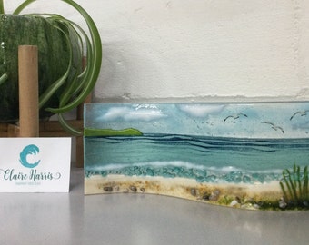 Fused glass, Cornish sea scene with sea grass.  Freestanding wave, 9cm tall. Handmade in Cornwall. Free uk postage