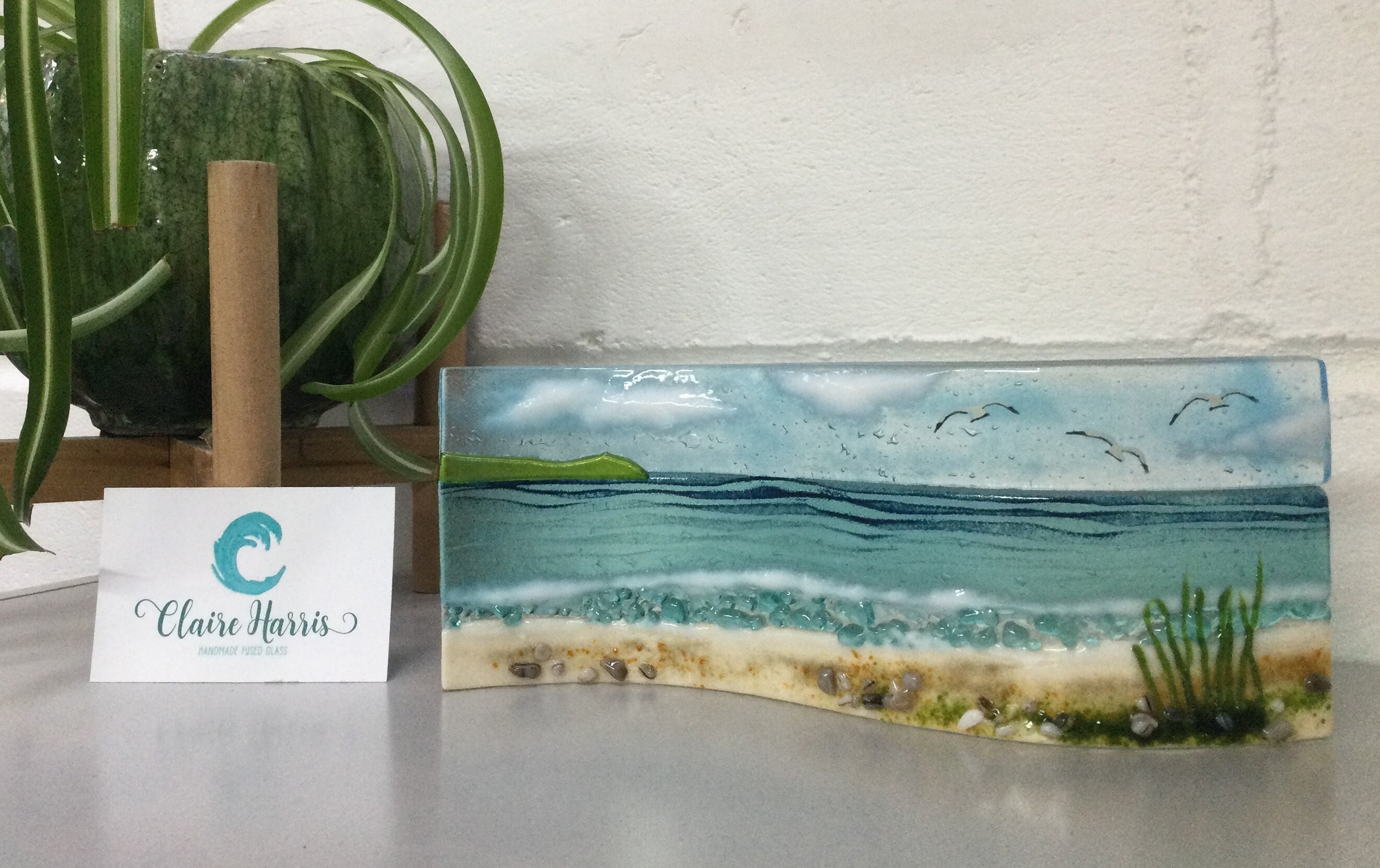 Fused glass, Cornish sea scene with sea grass.  Freestanding wave, 9cm tall. Handmade in Cornwall.