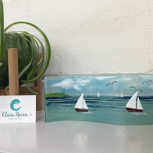 Textured fused glass freestanding wave with aquamarine blue sea and Cornish sailing boats. Free UK postage. Cornish made.