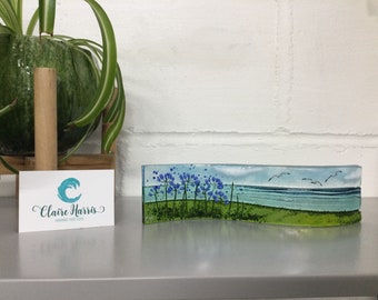 Fused glass, Cornish sea scene with agapanthus. Small Freestanding wave, 6 cm tall. Handmade in Cornwall. Free uk postage