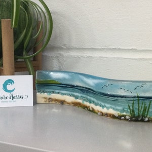 Fused Glass Small Freestanding Wave, Sea Scene with Grass, 6cm tall. Handmade in Cornwall.