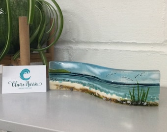 Fused Glass Small Freestanding Wave, Sea Scene with Grass, 6cm tall. Handmade in Cornwall.