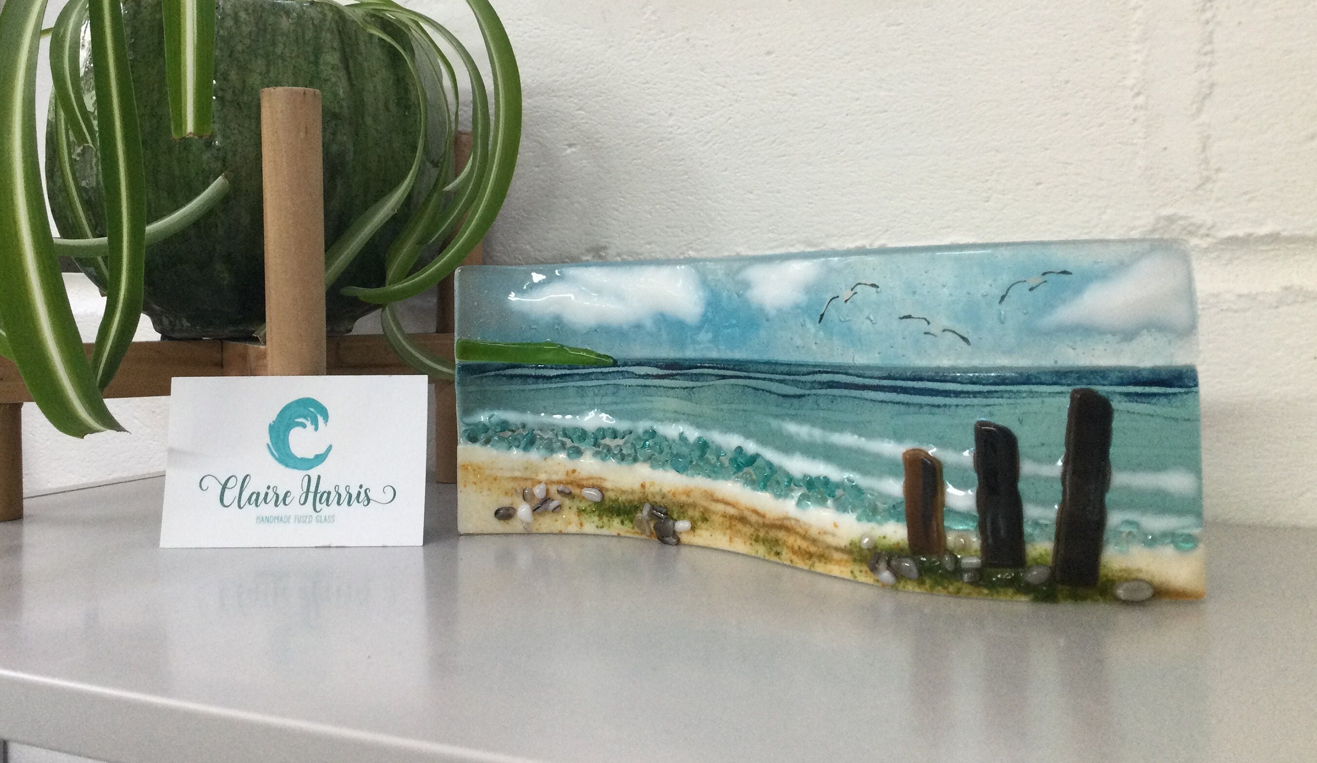 Fused Glass, Large Freestanding Wave, Cornish Sea Scene With Groyns. 9cm tall. Handmade in Cornwall.