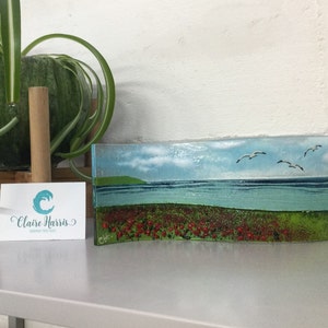 Fused glass, Cornish sea scene with poppies. Freestanding wave, 9cm tall. Handmade in Cornwall. Free uk postage