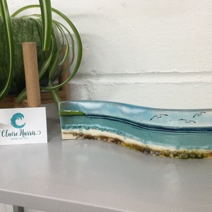 Fused glass Cornish sea scene.Freestanding wave, 6 cm. hand made in Cornwall. Free UK postage