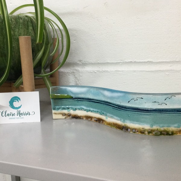 Fused glass Cornish sea scene.Freestanding wave, 6 cm. hand made in Cornwall. Free UK postage