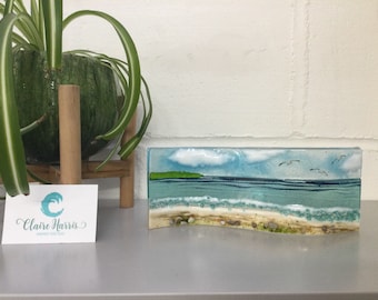 Fused glass, Cornish sea scene.  Freestanding wave, 9cm tall. Handmade in Cornwall. Free uk postage