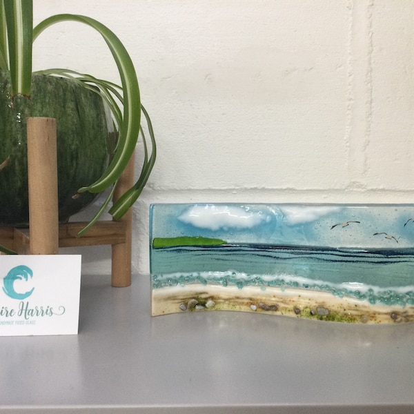 Fused glass, Cornish sea scene.  Freestanding wave, 9cm tall. Handmade in Cornwall. Free uk postage