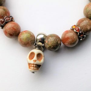 Gemstone bracelet with skull charm and rhinestones, unakite gemstone beads brown green, skull pendant, gothic bracelet with skull for women
