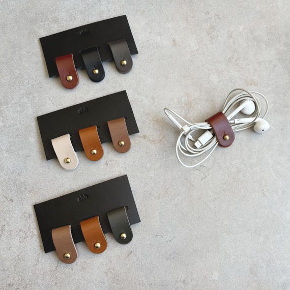 Set of 3 cable organizer headphone holder cable ties made of leather, random colors