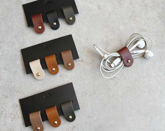 Set of 3 cable organizer headphone holder cable ties made of leather, random colors