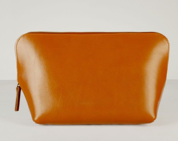 Cognac Leather Cosmetic Bag | Cognac leather zippered bag, cosmetic bag, makeup bag, leather pouch, handmade