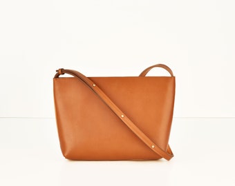 Sac à bandoulière, couleur : cognac, cuir véritable