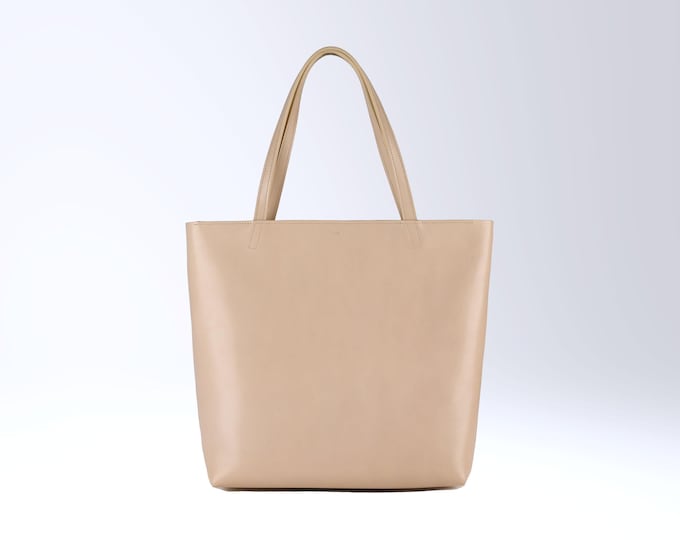 Shopping bag with zipper, genuine leather, color ivory