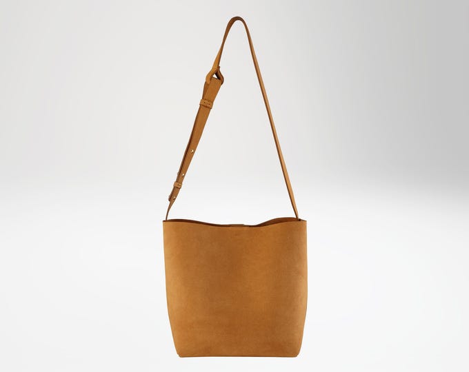 Small Square Bucket Bag, suede, camel