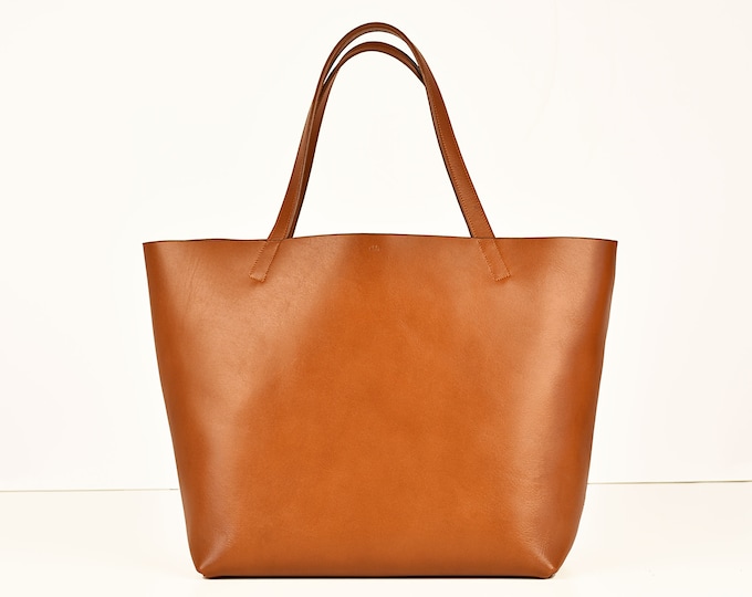 Large tote in cognac, real leather