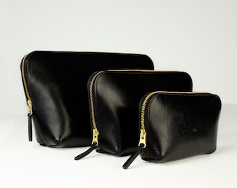 Cosmetic Bags, three sizes with zipper, real leather, color black