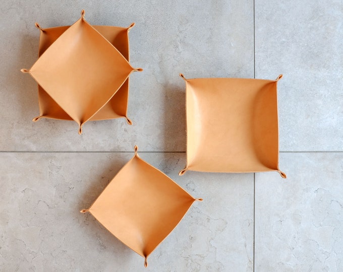 Couple Tray Set, two leather trays, cognac