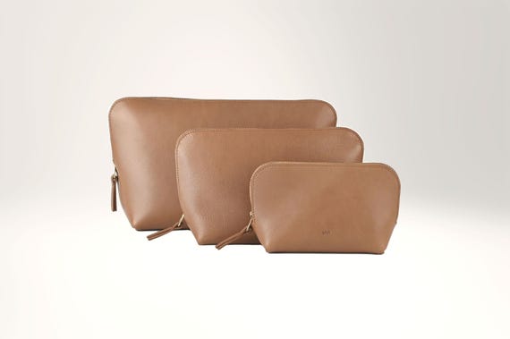 Cosmetic Bags, three sizes with zipper, genuine leather, color Hazel