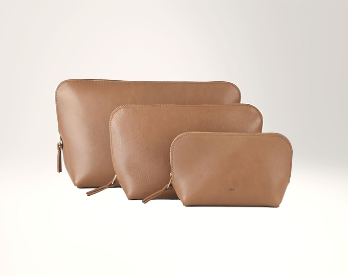 Cosmetic Bags, three sizes with zipper, genuine leather, color Hazel