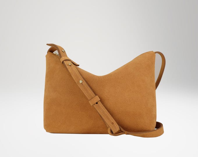 Small crossbody bag, suede, camel