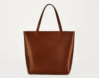 Sac shopping en marron, cuir véritable