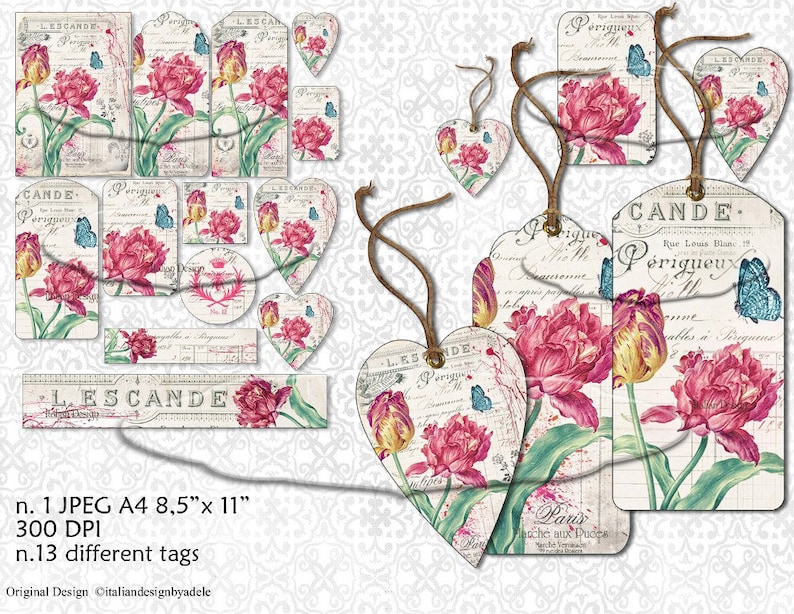 Vintage tags red tulip vintage paper Digital collage sheet Jewelry Holder print it yourself floral tags printable gift tags