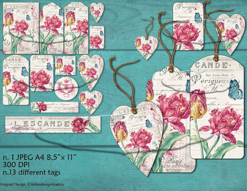 Vintage tags red tulip vintage paper Digital collage sheet Jewelry Holder print it yourself floral tags printable gift tags