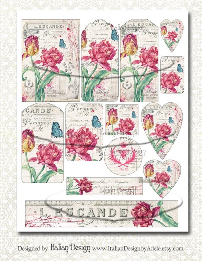 Vintage tags red tulip vintage paper Digital collage sheet Jewelry Holder print it yourself floral tags printable gift tags