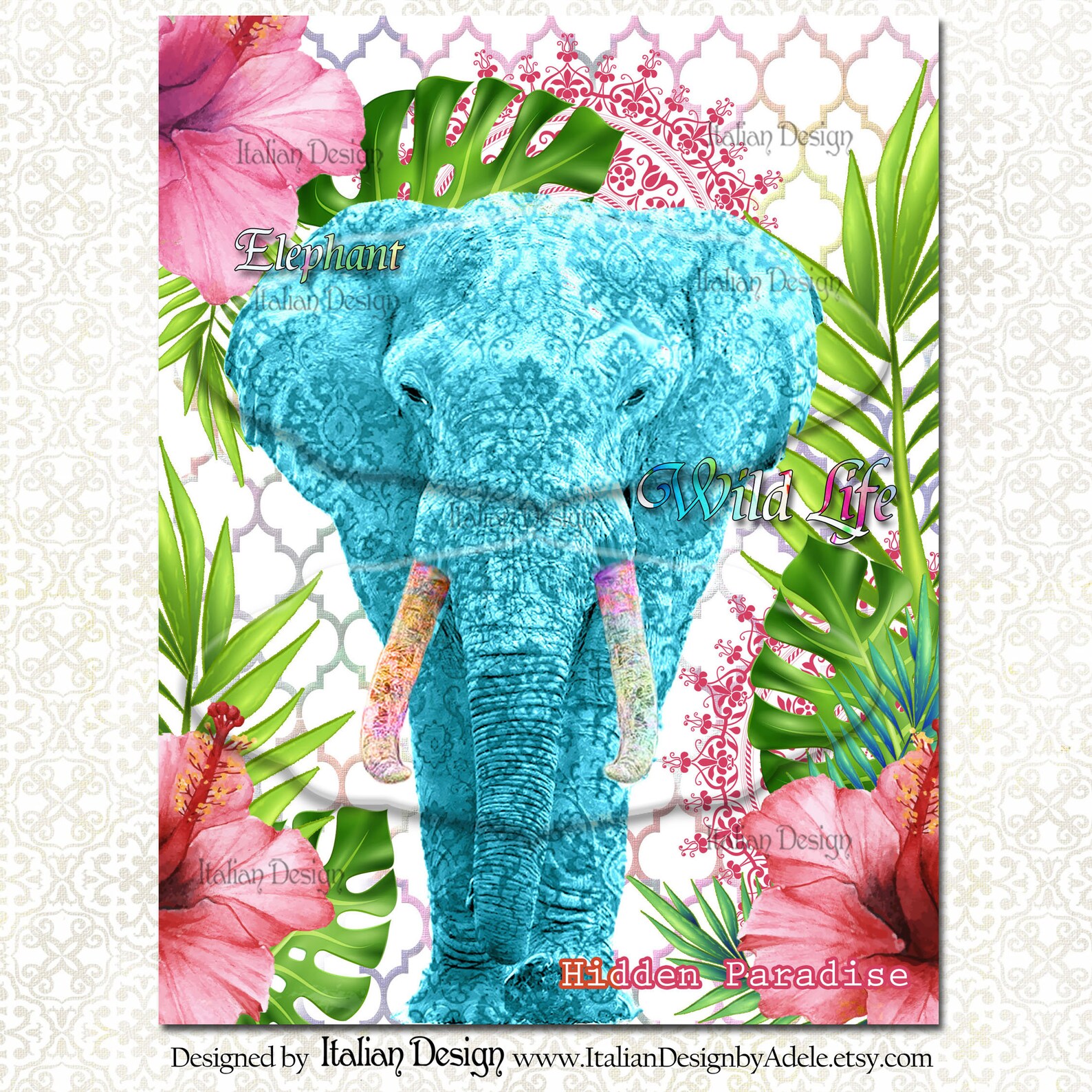 Blue Elephant Printable Decoupage Paper Large Blue and Pink Etsy