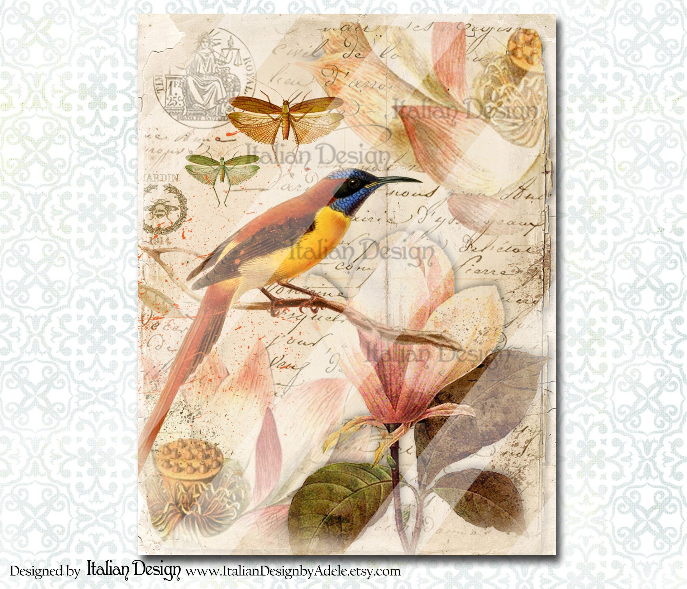 Bird scrapbook paper large image decoupage paper Vintage Etsy
