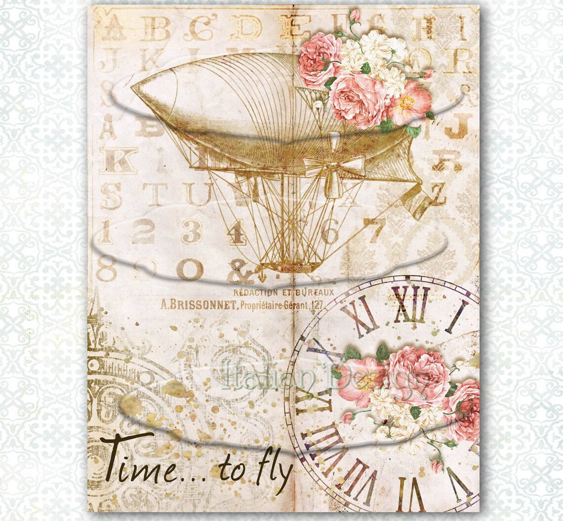 Large Decoupage Paper HOT AIR BALLOONS and Flowers Printable Etsy
