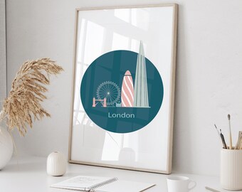 London Landmarks City-scape Skyline Personalised Teal Framed Print