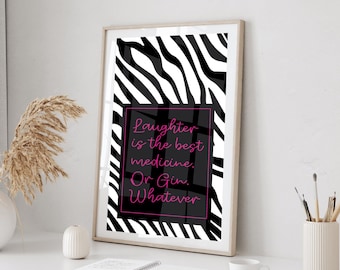 Gin Quote Framed Print: Humorous Zebra Art