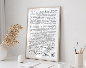 Summer Nights Grease Lyrics Black and White Framed Print