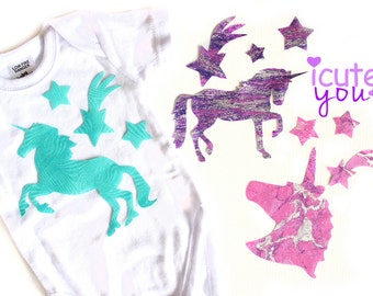 3 Sparkling Unicorn Iron On Applique and Shooting Stars, for library bag, t-shirts, fun baby shower activity for baby Girl - from Australia