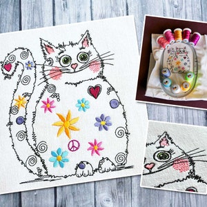 Stickdatei Hippie Katze, Stickdesign Katze, Nähmalerei, 13x18 Stickrahmen, Stickdatei Katze, bunte Katze, lustige Katze