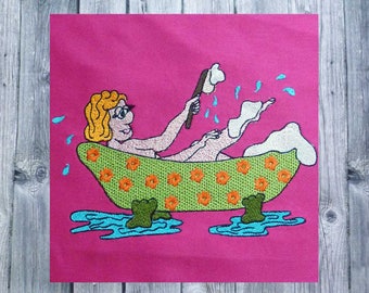 Machine embroidery design, woman in bathtub, 5"x7", embroidered cartoon, female gifts, female accessory