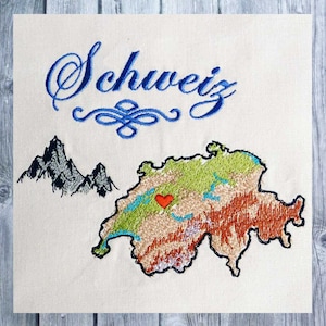 Stickmuster Set, Schweiz Landkarte, 10 Stickdesigns, 10 x 10 Rahmen, Landkarte gestickt, Urlaubsziel gestickt, Textildekoration