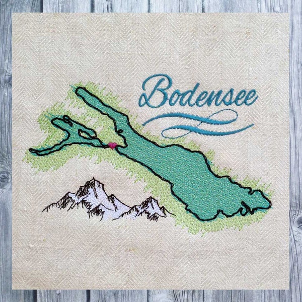 lembroidery design, lake of constance, view to the Alps, doodle embroidery, 5"x7" hoop, embroidered map, curtains decoration